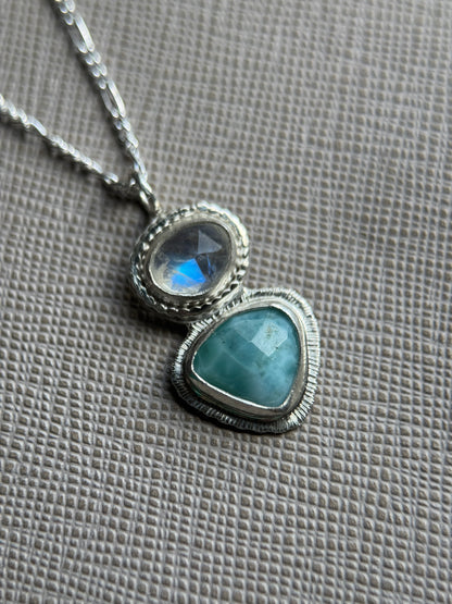 Rose cut Rainbow Moonstone and Larimar pendant in sterling silver