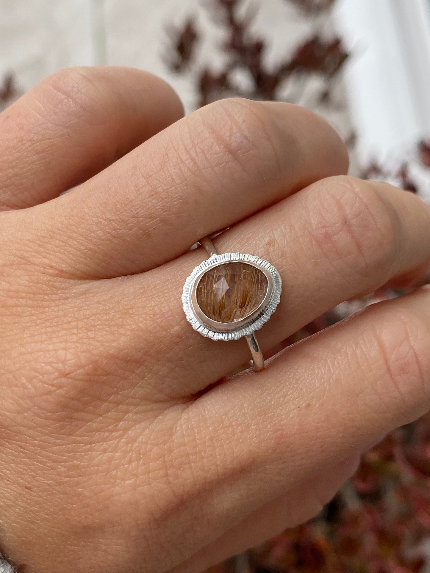 Rose cut Rutilated Quartz ring, Golden Rutile Quartz ring, venus hair stone ring, OOAK ring, sustainable silver ring, natural gemstone ring