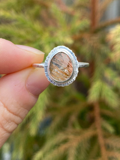 Rose cut Rutilated Quartz ring, Golden Rutile Quartz ring, venus hair stone ring, OOAK ring, sustainable silver ring, natural gemstone ring