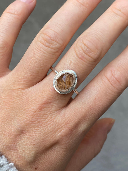 Rose cut Rutilated Quartz ring, Golden Rutile Quartz ring, venus hair stone ring, OOAK ring, sustainable silver ring, natural gemstone ring