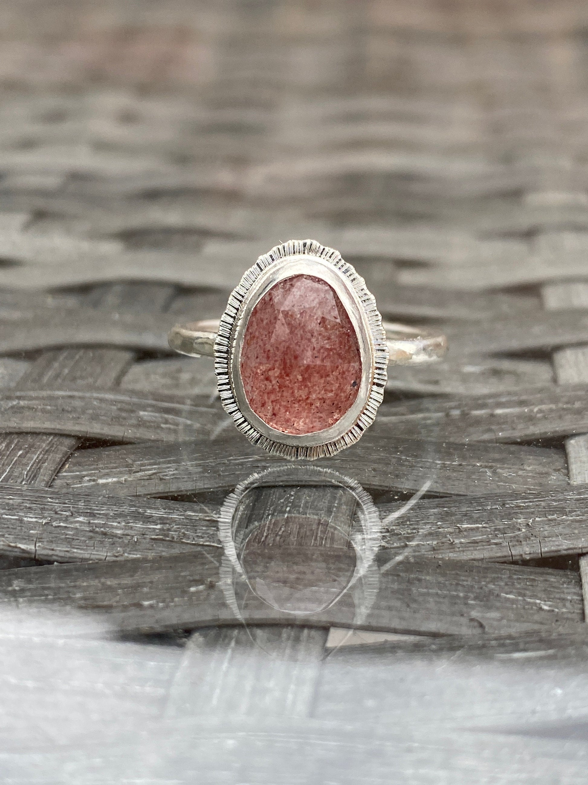 Rose cut Strawberry Quartz ring, natural gemstone, open back, bezel set, valentines gift for her, self love gift, love stone jewellery