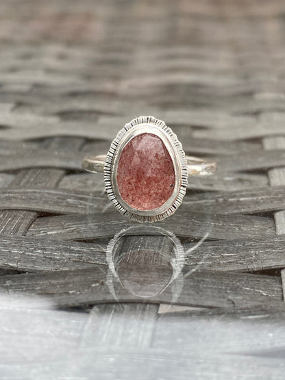 Rose cut Strawberry Quartz ring, natural gemstone, open back, bezel set, valentines gift for her, self love gift, love stone jewellery