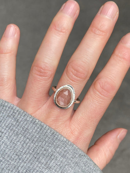 Rose cut Peach Moonstone ring, natural gemstone, bezel set, open back, sterling silver, June birthstone, unique gift, unusual jewellery