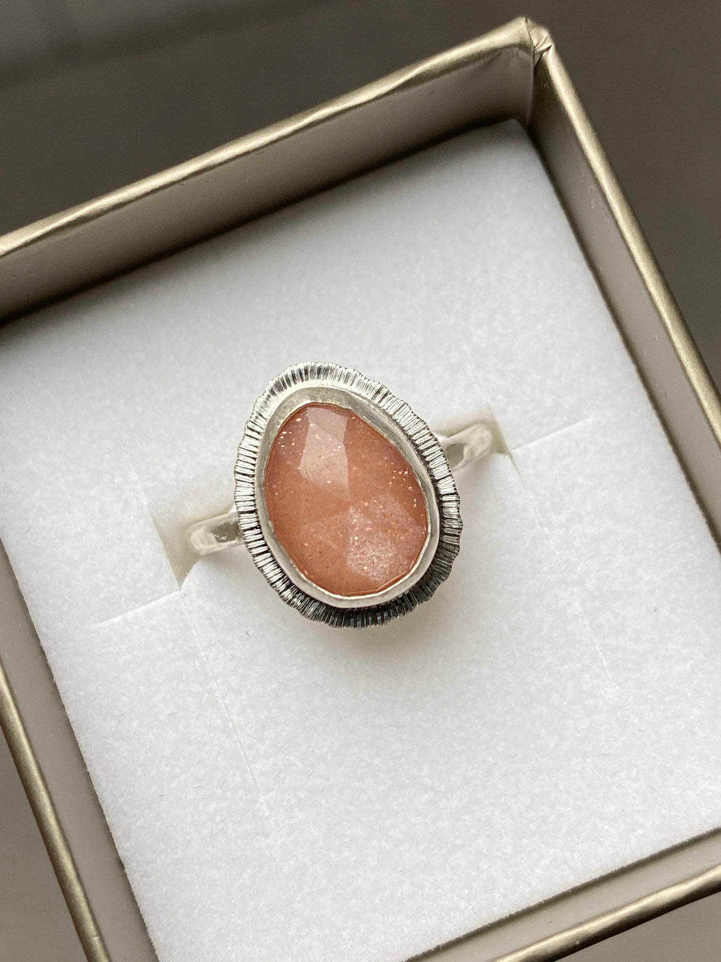 Rose cut Peach Moonstone ring, natural gemstone, bezel set, open back, sterling silver, June birthstone, unique gift, unusual jewellery