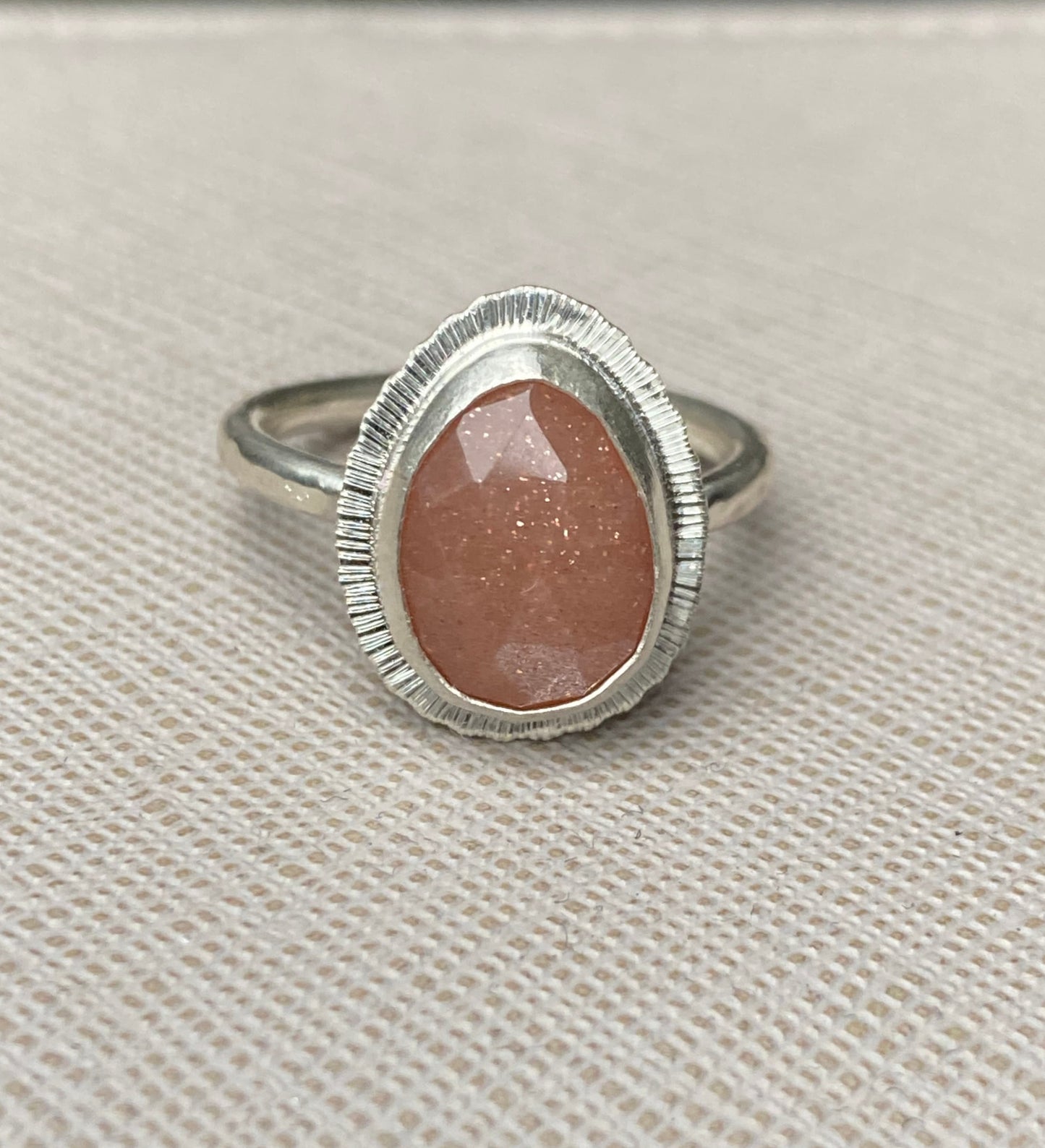 Rose cut Peach Moonstone ring, natural gemstone, bezel set, open back, sterling silver, June birthstone, unique gift, unusual jewellery