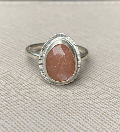 Rose cut Peach Moonstone ring, natural gemstone, bezel set, open back, sterling silver, June birthstone, unique gift, unusual jewellery