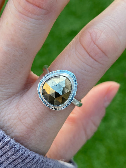 Rose cut Pyrite ring, recycled sterling silver, open back, bezel set, natural fools gold, unique gift for her, unusual rustic jewellery