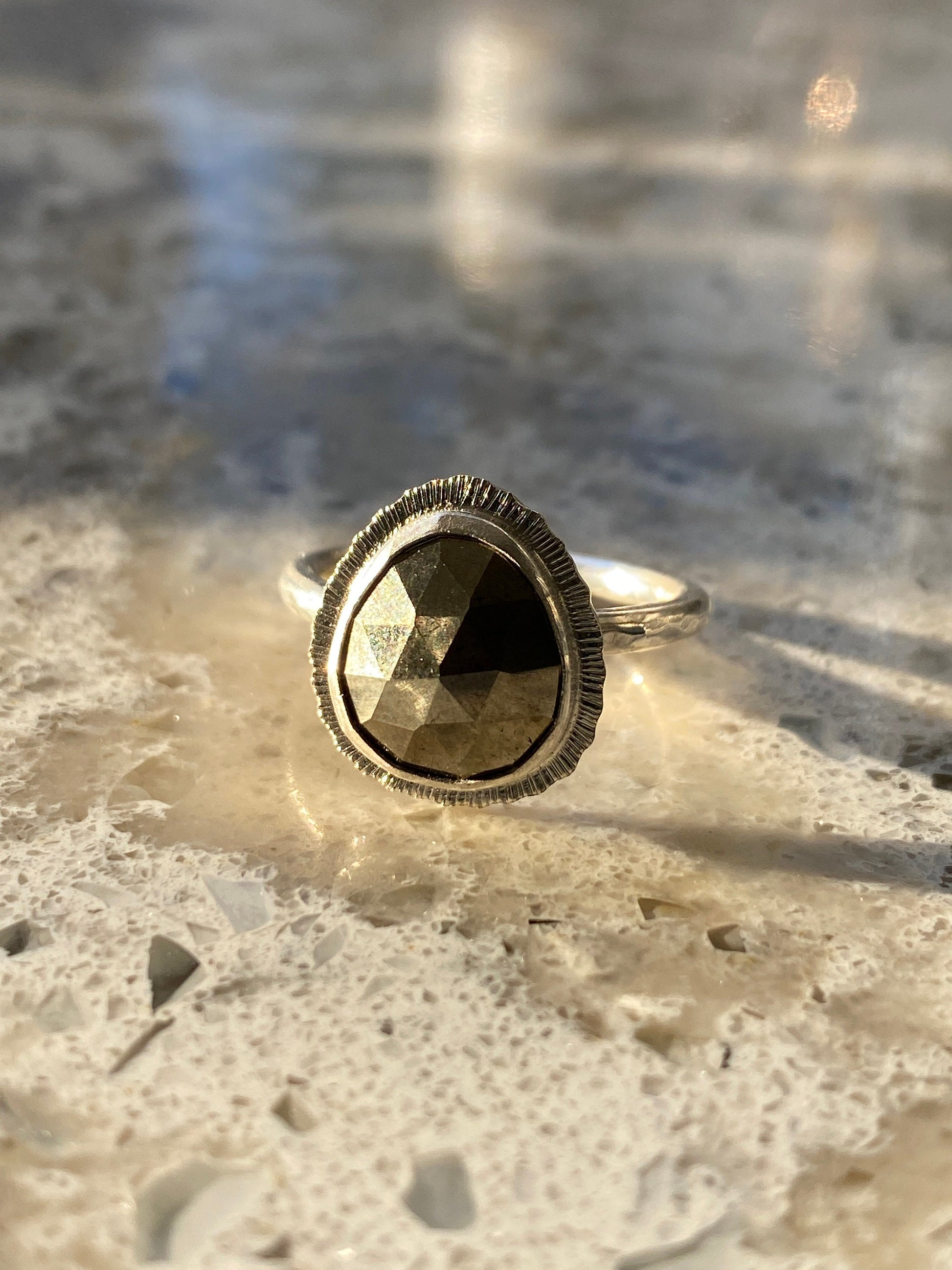 Rose cut Pyrite ring, recycled sterling silver, open back, bezel set, natural fools gold, unique gift for her, unusual rustic jewellery