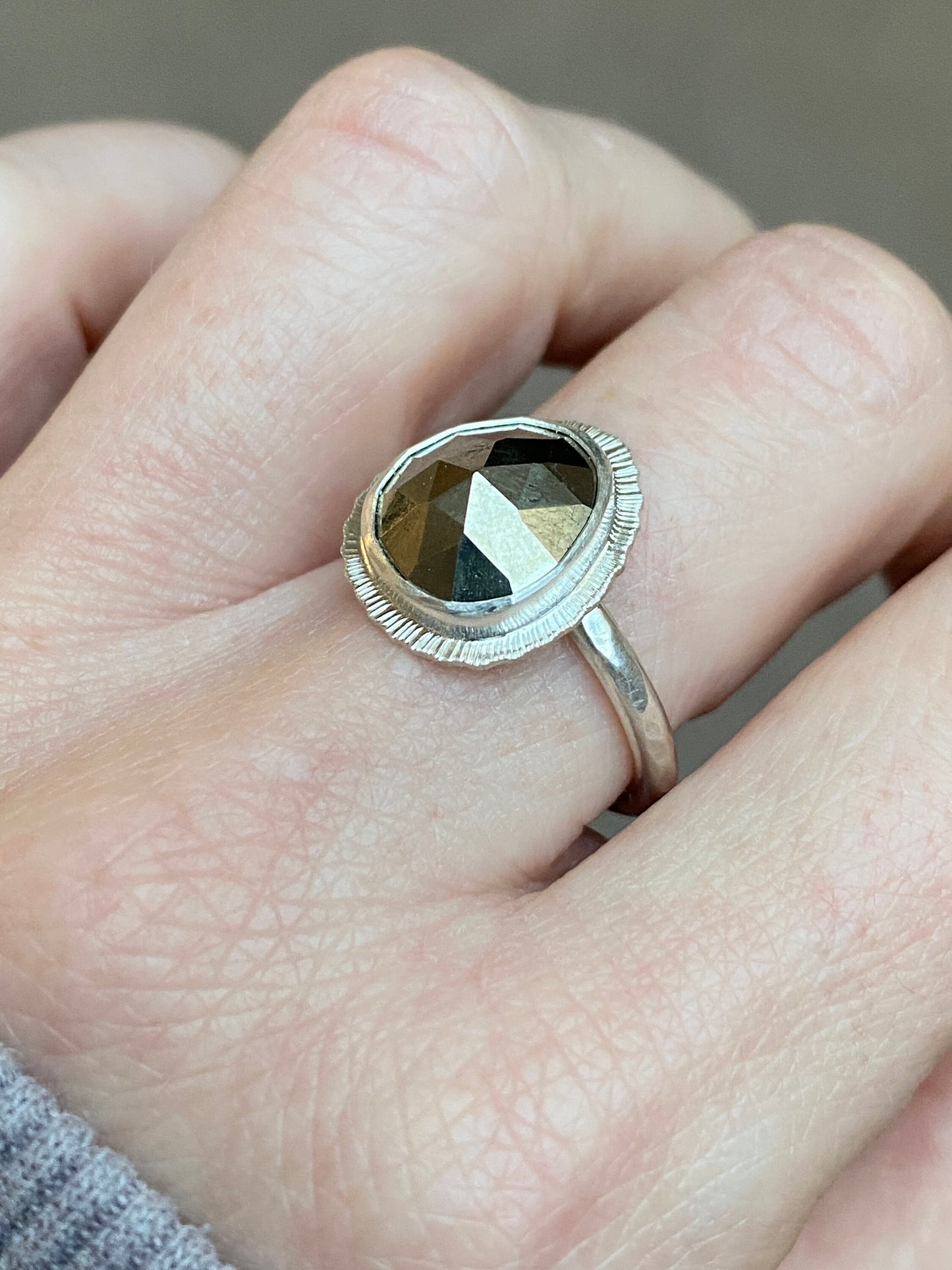 Rose cut Pyrite ring, recycled sterling silver, open back, bezel set, natural fools gold, unique gift for her, unusual rustic jewellery