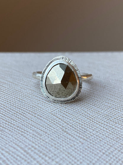 Rose cut Pyrite ring, recycled sterling silver, open back, bezel set, natural fools gold, unique gift for her, unusual rustic jewellery