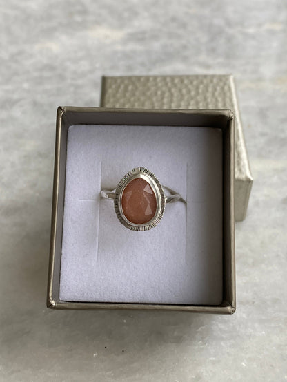 Rose cut Peach Moonstone ring, natural gemstone, bezel set, open back, sterling silver, June birthstone, unique gift, unusual jewellery