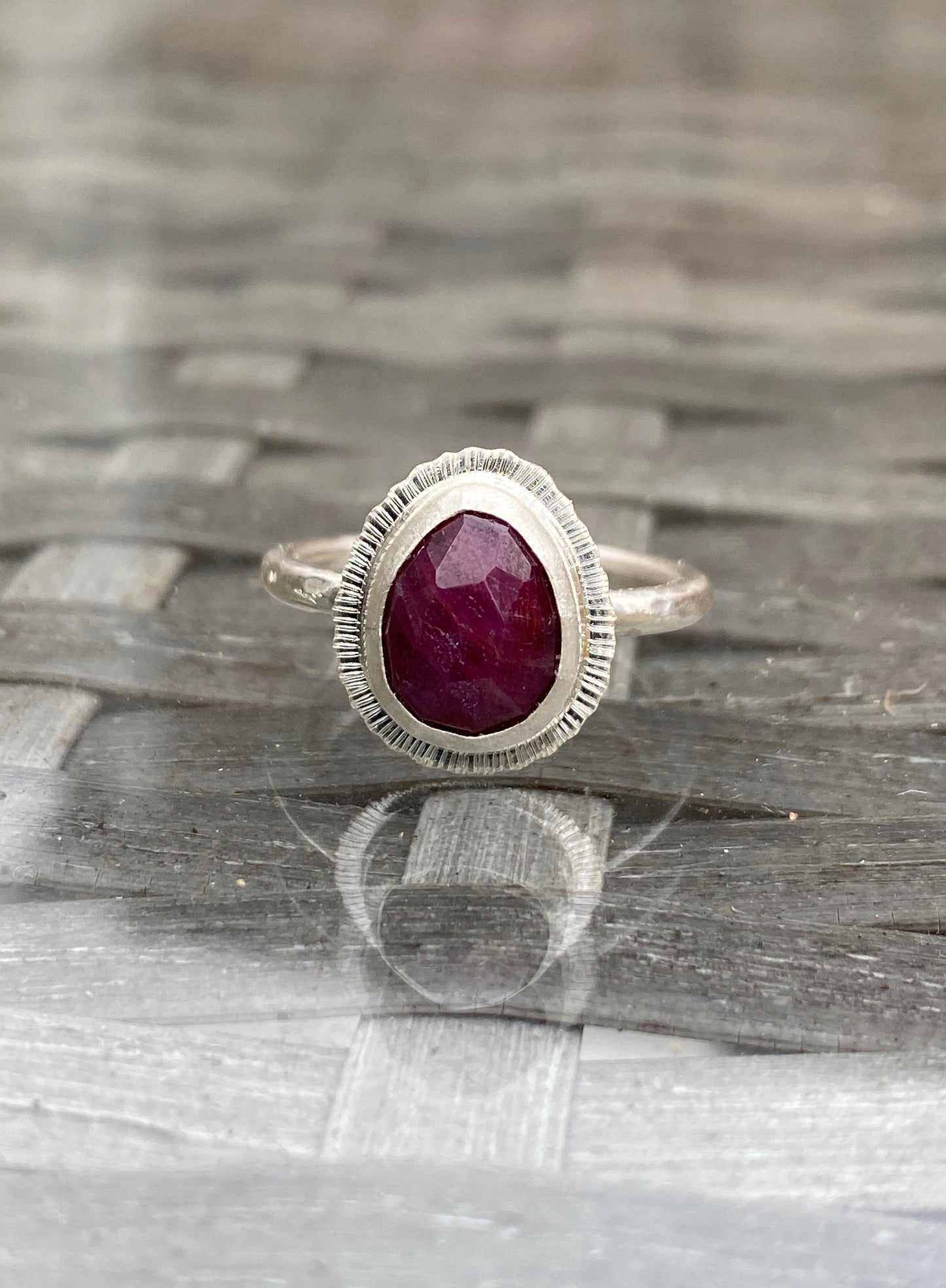 Rose cut Ruby ring, natural precious gemstone, bezel set, open back, sterling silver, July birthstone, 40th wedding anniversary gift