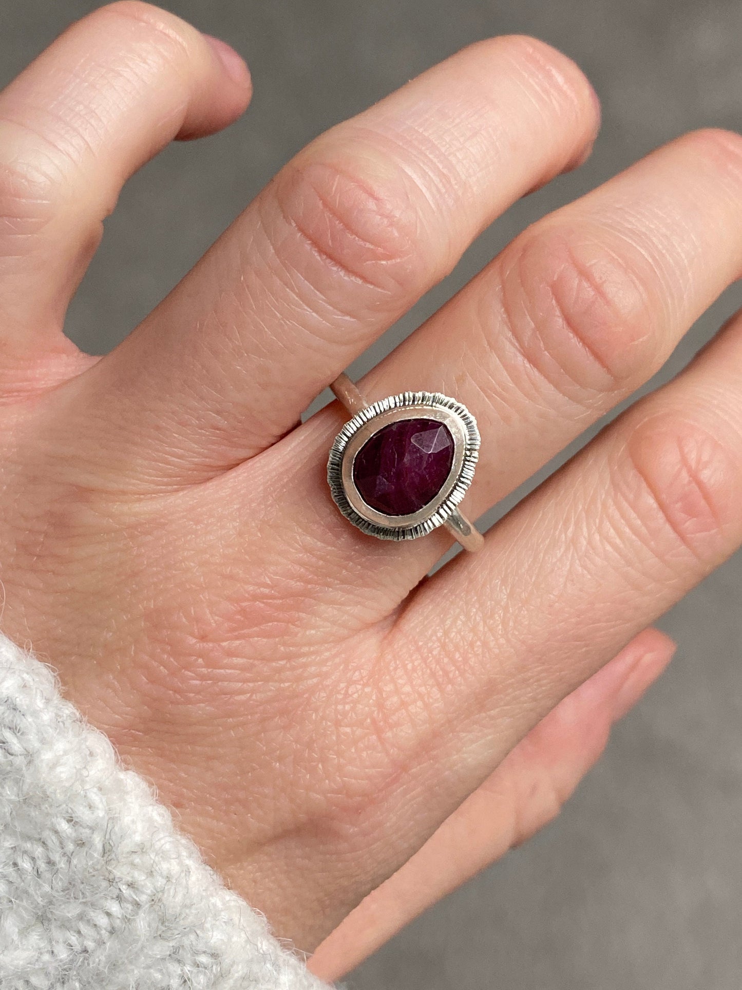 Rose cut Ruby ring, natural precious gemstone, bezel set, open back, sterling silver, July birthstone, 40th wedding anniversary gift