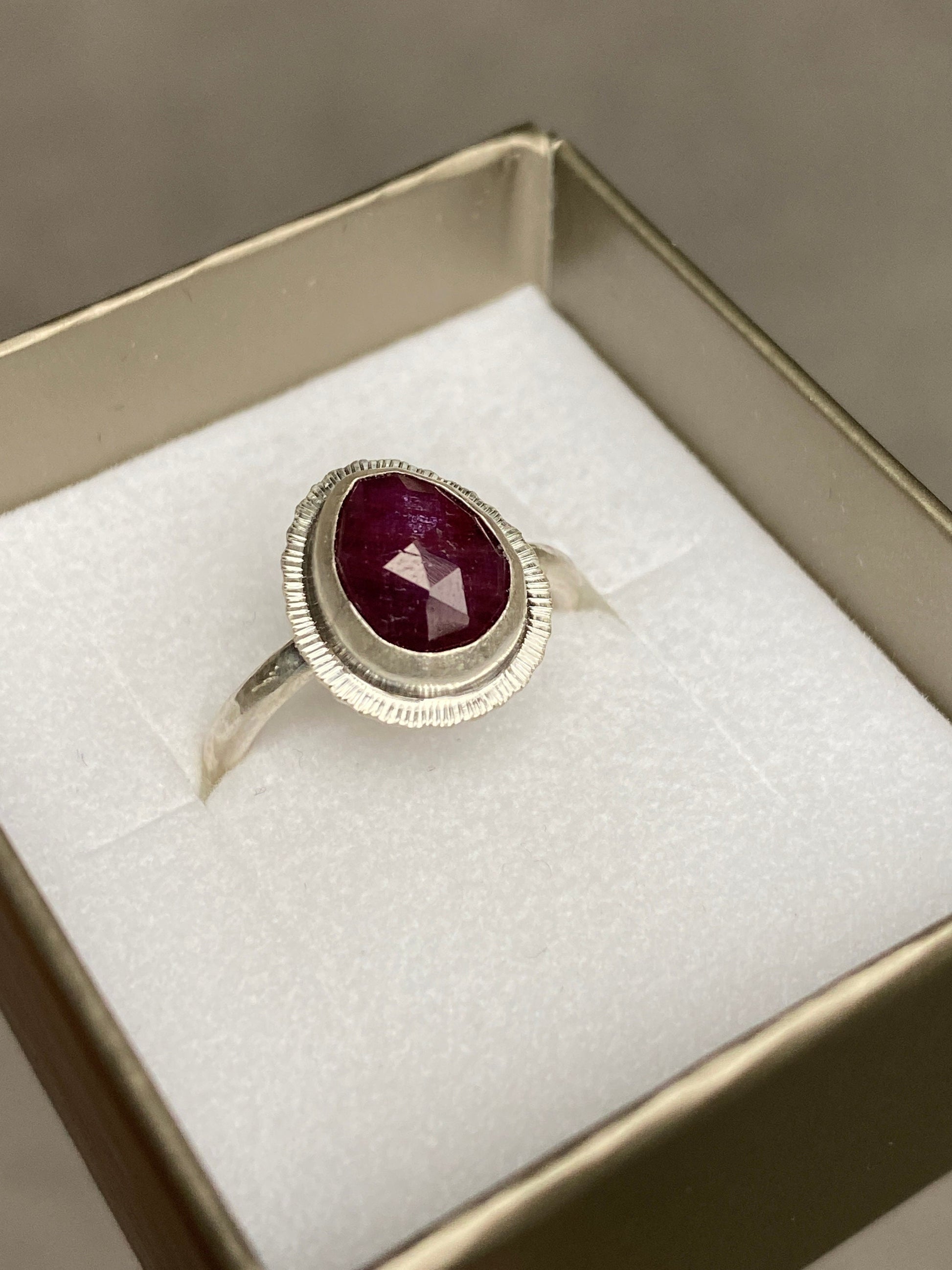 Rose cut Ruby ring, natural precious gemstone, bezel set, open back, sterling silver, July birthstone, 40th wedding anniversary gift