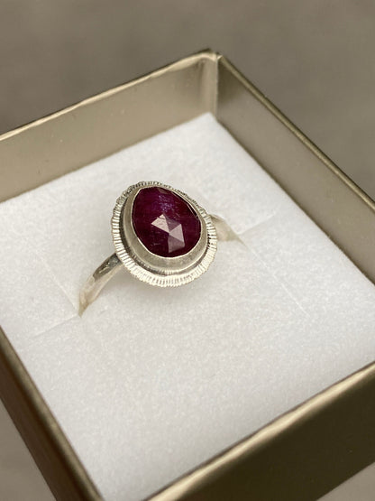 Rose cut Ruby ring, natural precious gemstone, bezel set, open back, sterling silver, July birthstone, 40th wedding anniversary gift