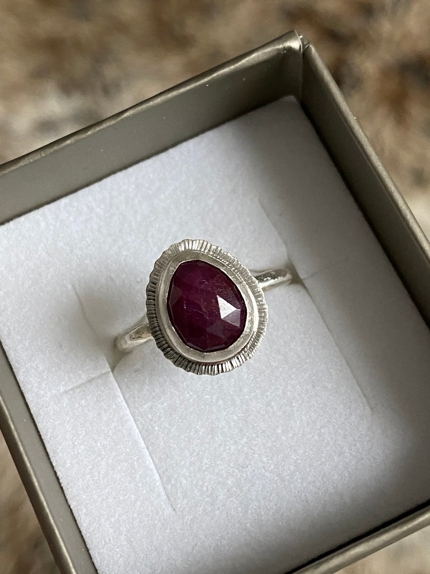 Rose cut Ruby ring, natural precious gemstone, bezel set, open back, sterling silver, July birthstone, 40th wedding anniversary gift