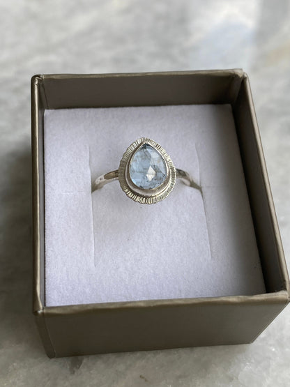 Rose cut teardrop Aquamarine ring, natural gemstone, bezel set, open back, March birthstone, Pisces jewellery, stone of courage, unique gift