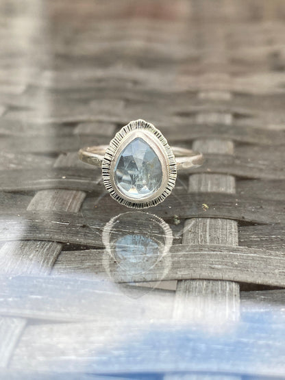 Rose cut teardrop Aquamarine ring, natural gemstone, bezel set, open back, March birthstone, Pisces jewellery, stone of courage, unique gift