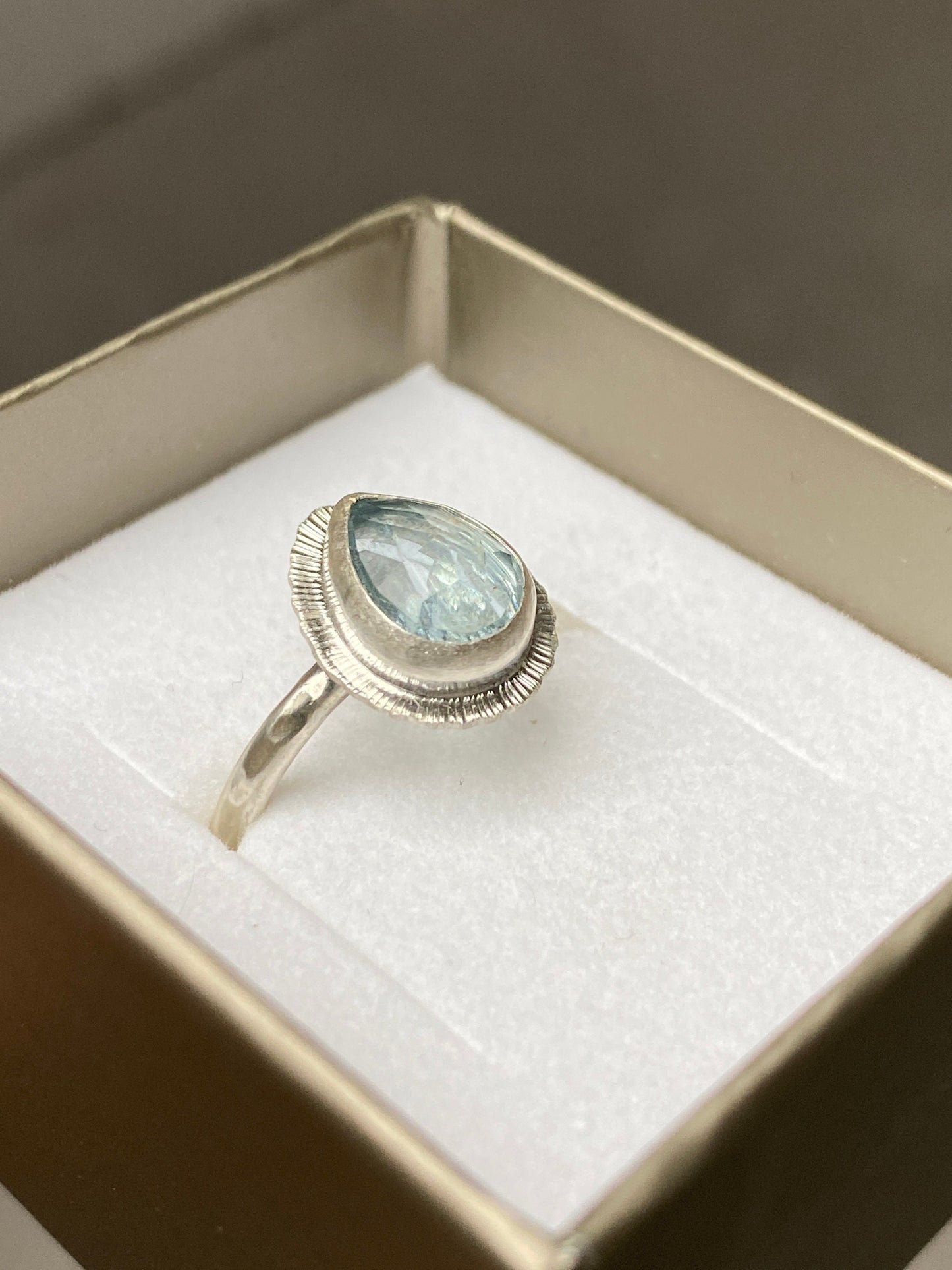 Rose cut teardrop Aquamarine ring, natural gemstone, bezel set, open back, March birthstone, Pisces jewellery, stone of courage, unique gift