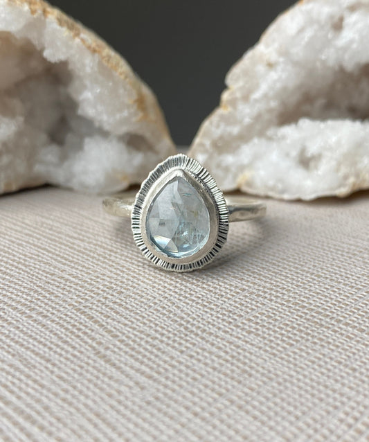 Rose cut teardrop Aquamarine ring, natural gemstone, bezel set, open back, March birthstone, Pisces jewellery, stone of courage, unique gift