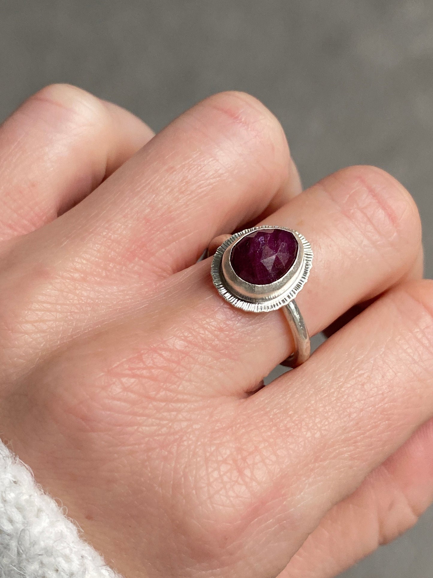 Rose cut Ruby ring, natural precious gemstone, bezel set, open back, sterling silver, July birthstone, 40th wedding anniversary gift