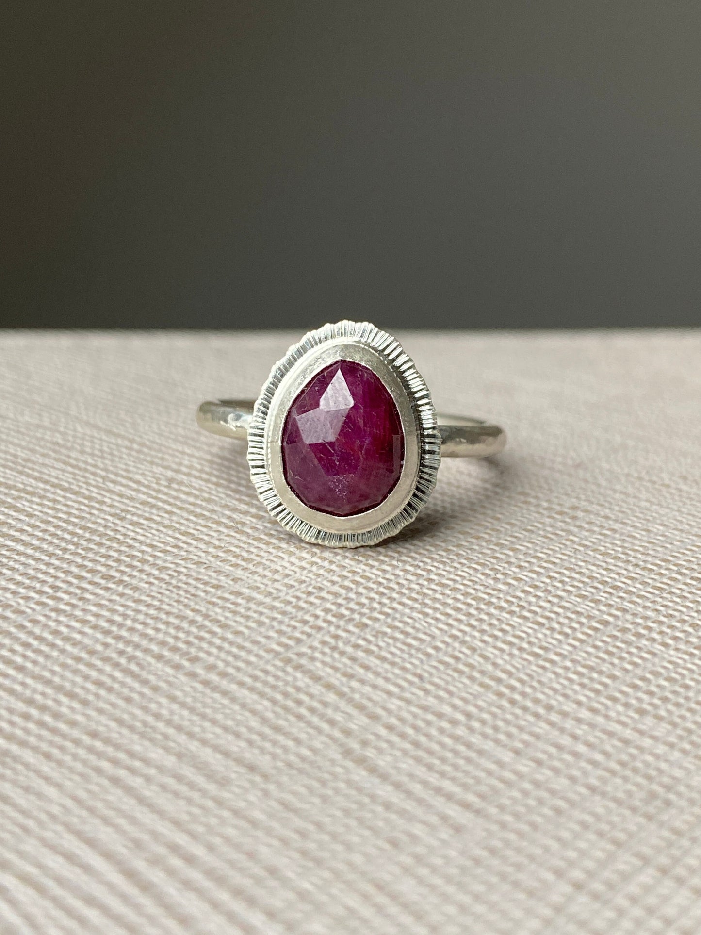 Rose cut Ruby ring, natural precious gemstone, bezel set, open back, sterling silver, July birthstone, 40th wedding anniversary gift