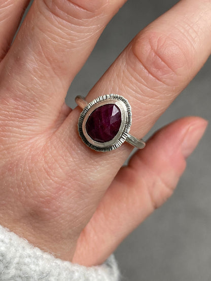 Rose cut Ruby ring, natural precious gemstone, bezel set, open back, sterling silver, July birthstone, 40th wedding anniversary gift