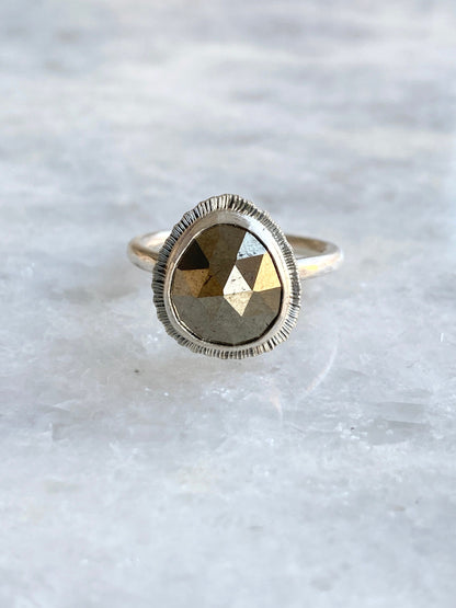 Rose cut Pyrite ring, recycled sterling silver, open back, bezel set, natural fools gold, unique gift for her, unusual rustic jewellery