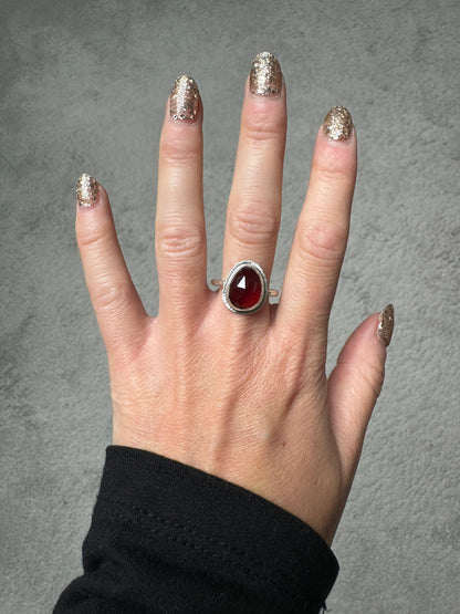 Rose cut Garnet ring, natural deep red gemstone, bezel set, open back, sterling silver, January birthstone, second wedding anniversary gift