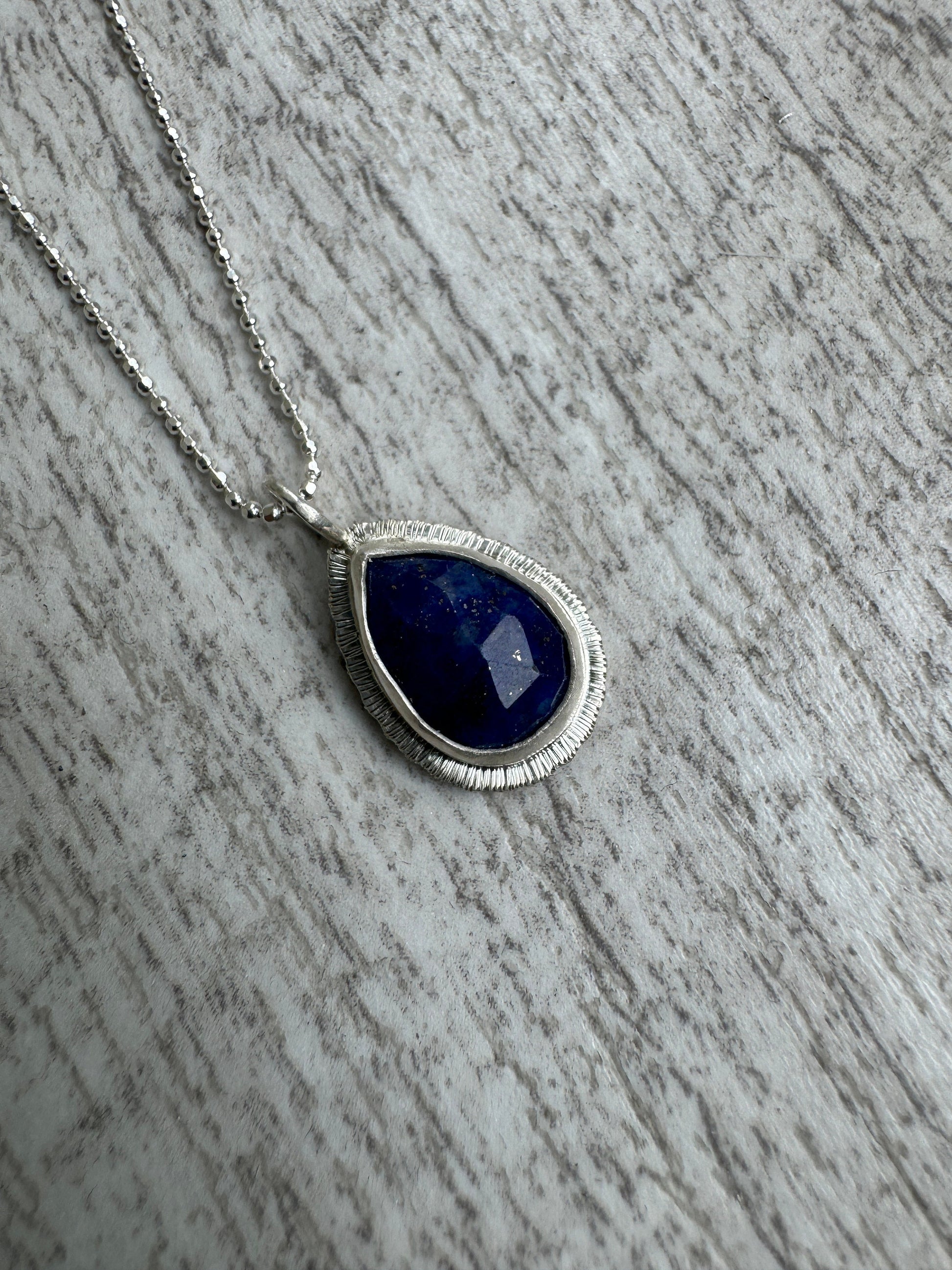 Rose cut Teardrop Lapis Lazuli pendant, bezel set, open back, natural gemstone necklace, sterling silver, 9th wedding anniversary gift