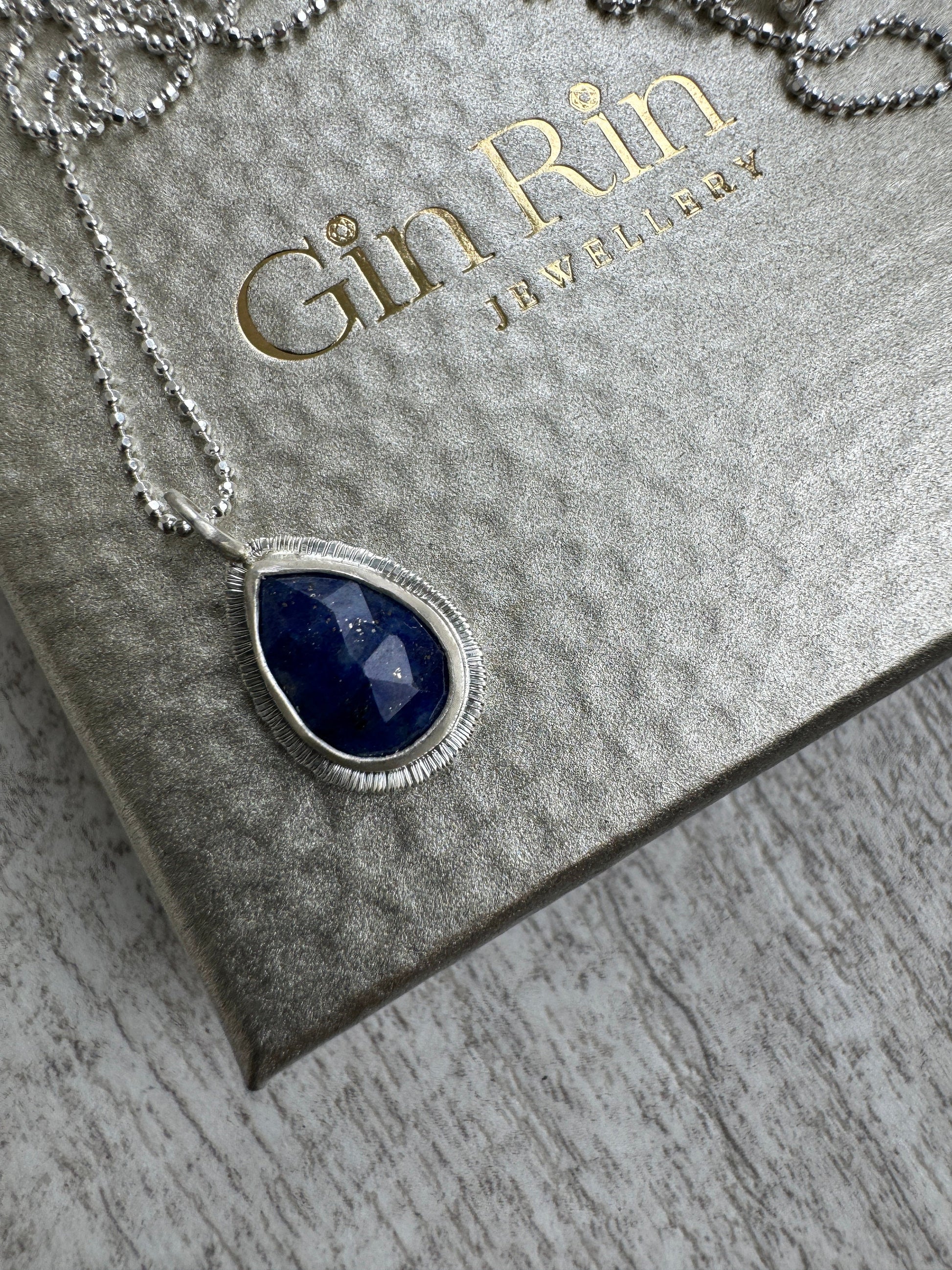 Rose cut Teardrop Lapis Lazuli pendant, bezel set, open back, natural gemstone necklace, sterling silver, 9th wedding anniversary gift