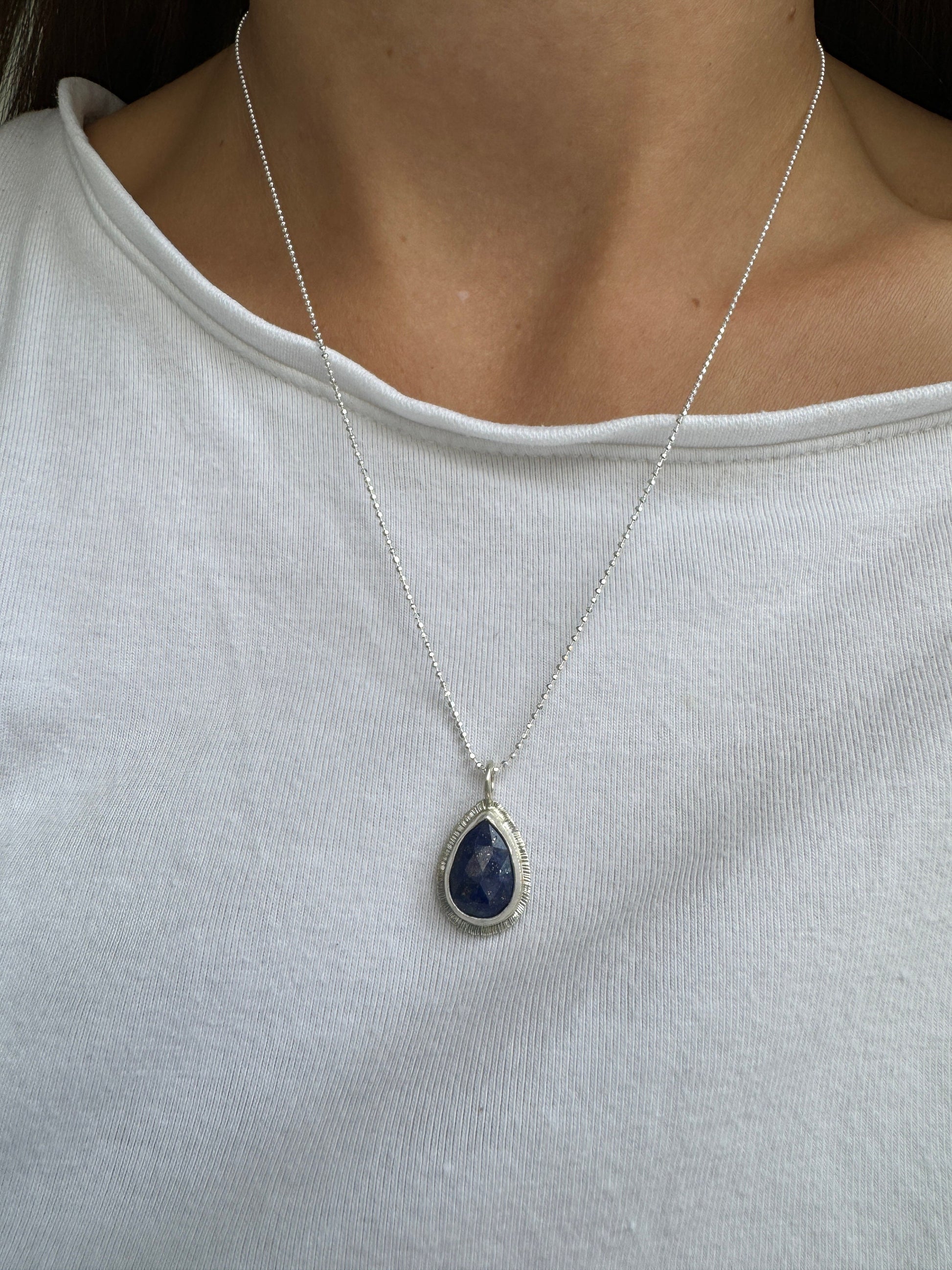 Rose cut Teardrop Lapis Lazuli pendant, bezel set, open back, natural gemstone necklace, sterling silver, 9th wedding anniversary gift