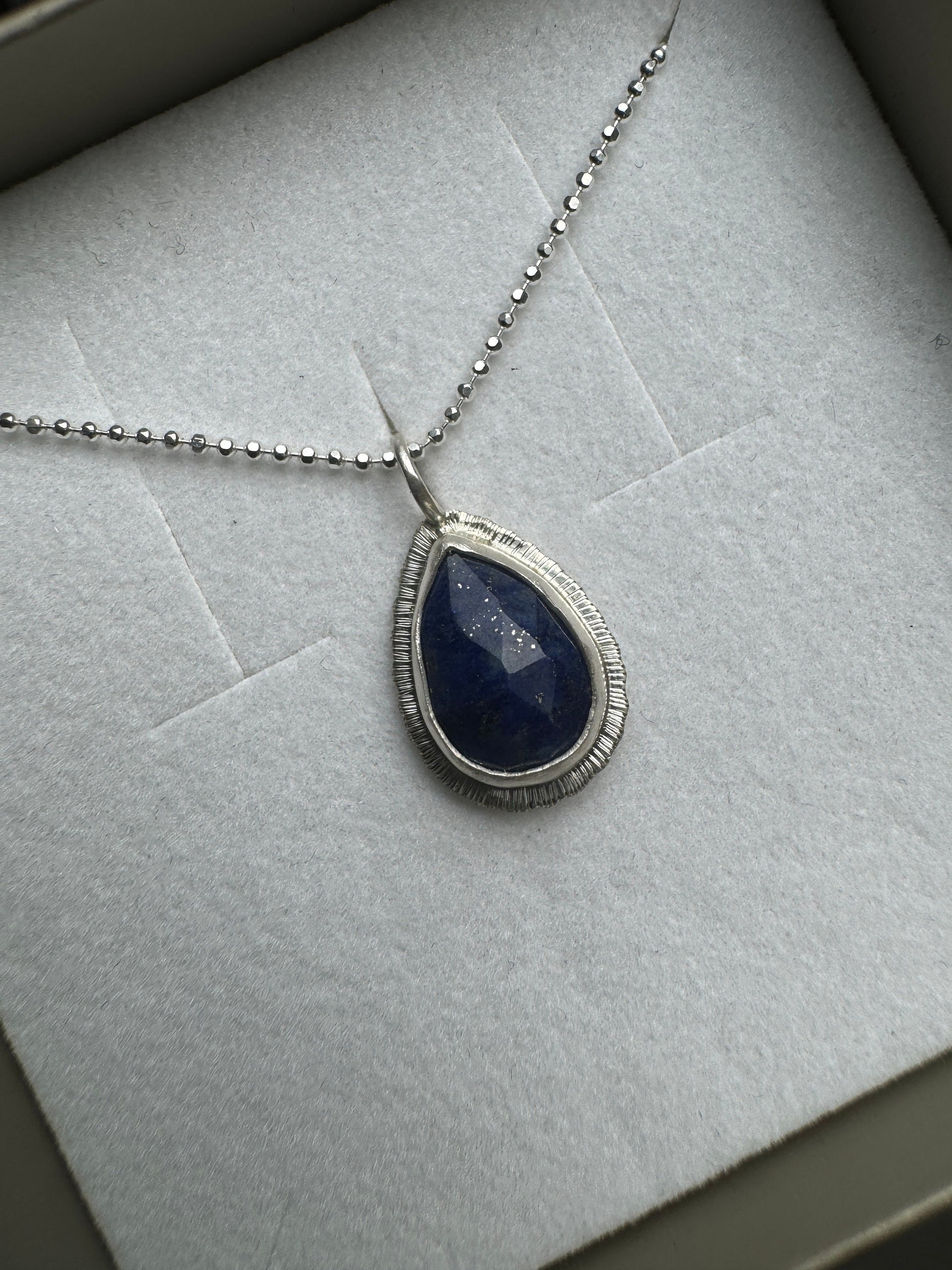 Rose cut Teardrop Lapis Lazuli pendant, bezel set, open back, natural gemstone necklace, sterling silver, 9th wedding anniversary gift