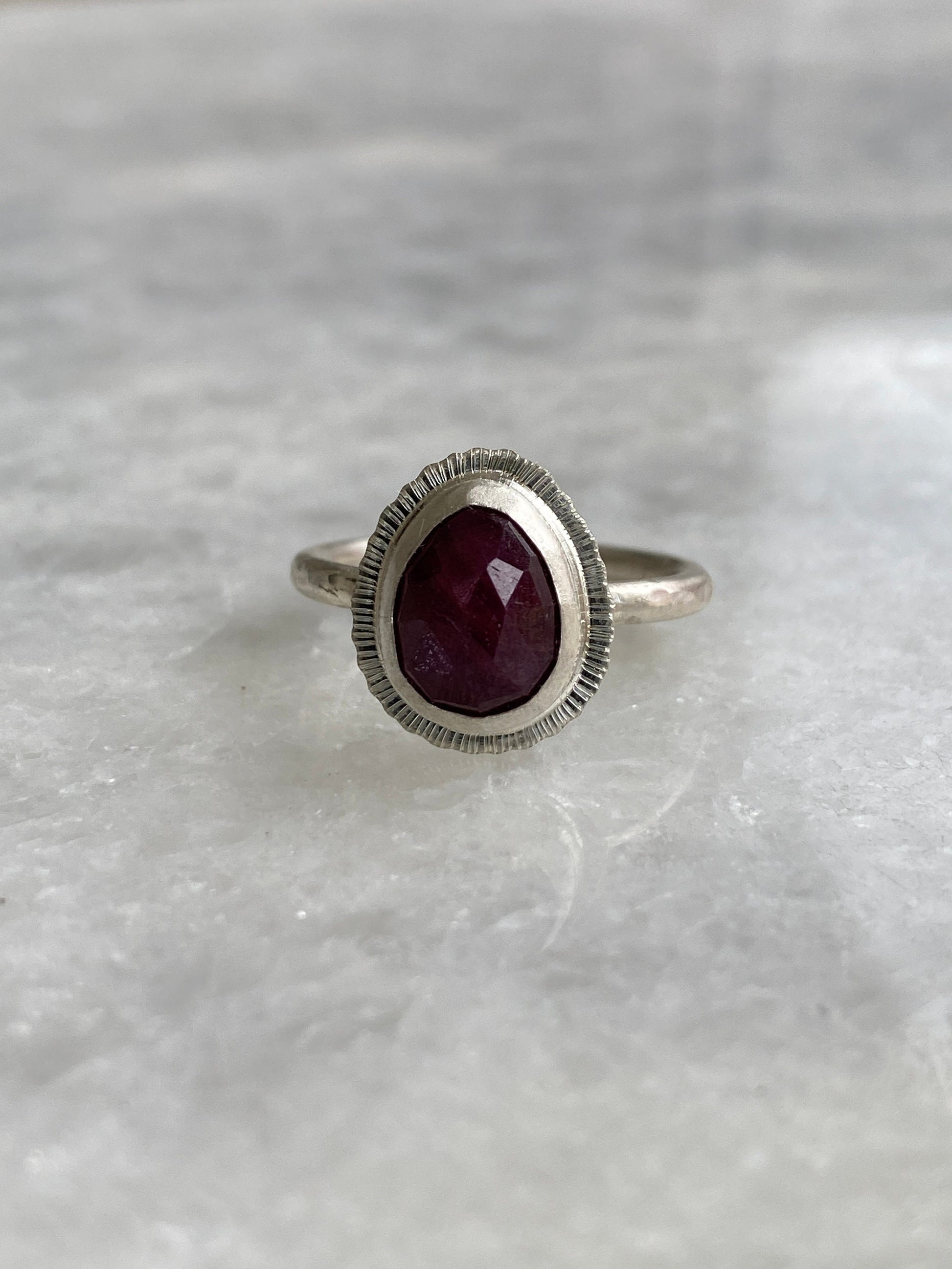 Rose cut Ruby ring, natural precious gemstone, bezel set, open back, sterling silver, July birthstone, 40th wedding anniversary gift