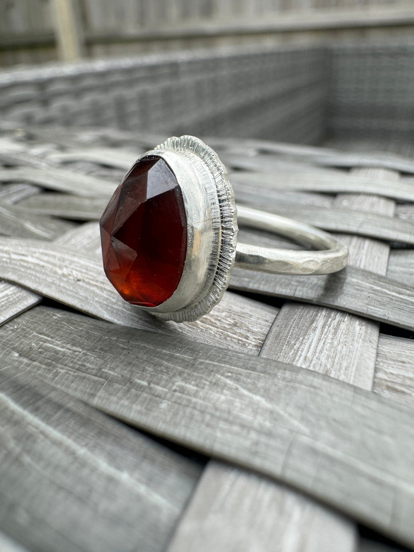 Rose cut Garnet ring, natural deep red gemstone, bezel set, open back, sterling silver, January birthstone, second wedding anniversary gift