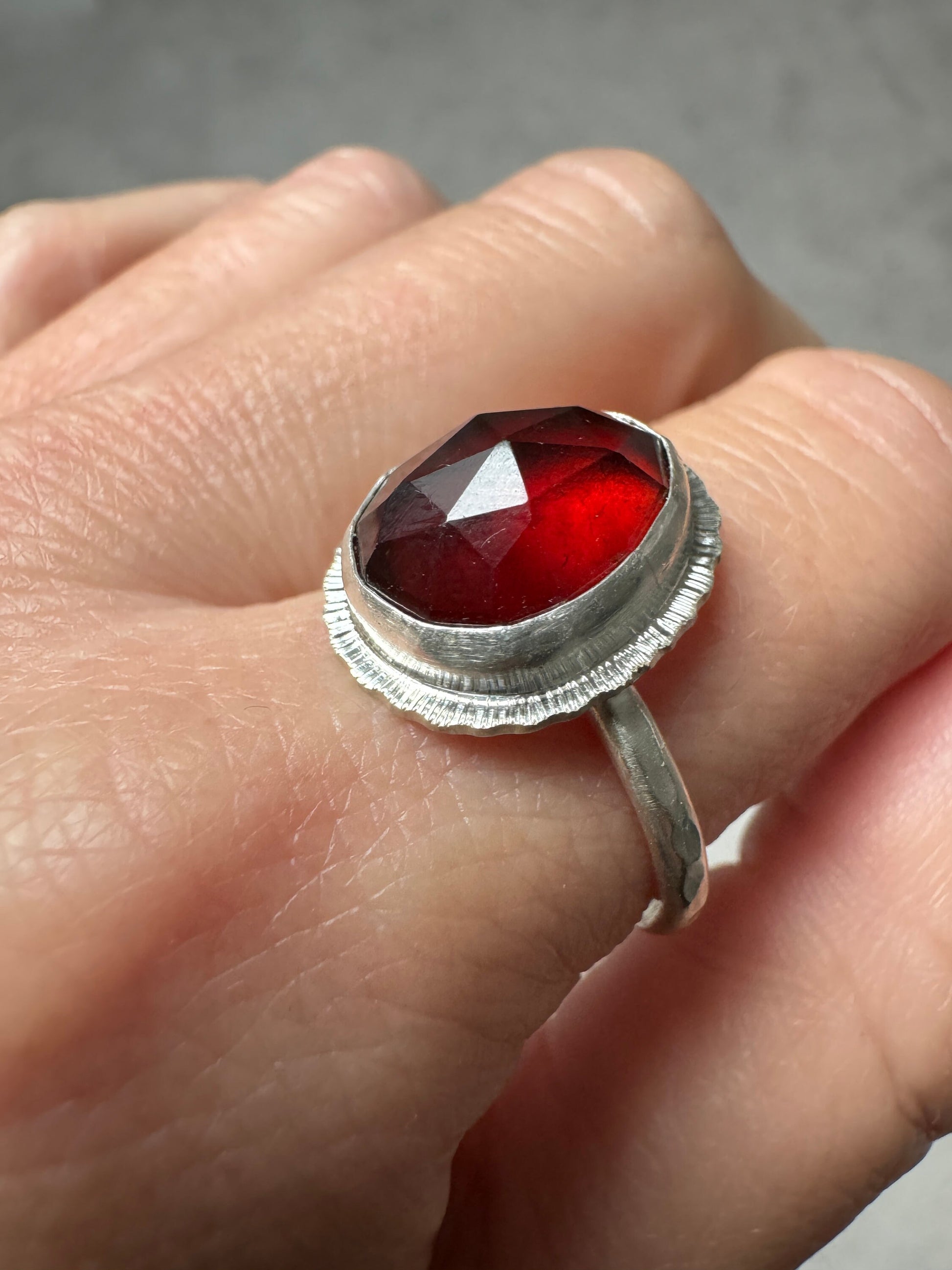 Rose cut Garnet ring, natural deep red gemstone, bezel set, open back, sterling silver, January birthstone, second wedding anniversary gift