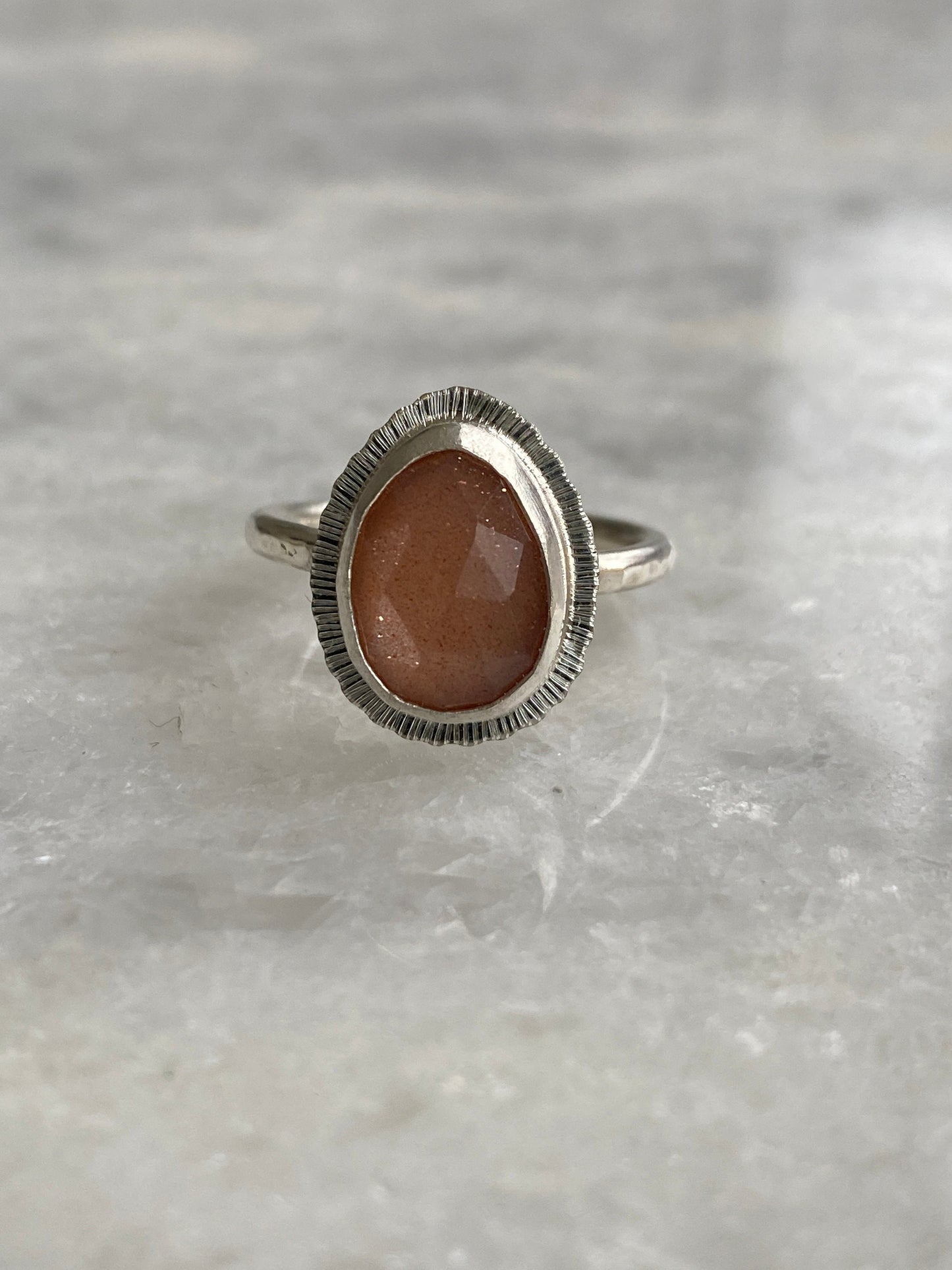 Rose cut Peach Moonstone ring, natural gemstone, bezel set, open back, sterling silver, June birthstone, unique gift, unusual jewellery