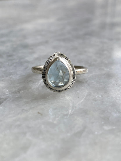 Rose cut teardrop Aquamarine ring, natural gemstone, bezel set, open back, March birthstone, Pisces jewellery, stone of courage, unique gift