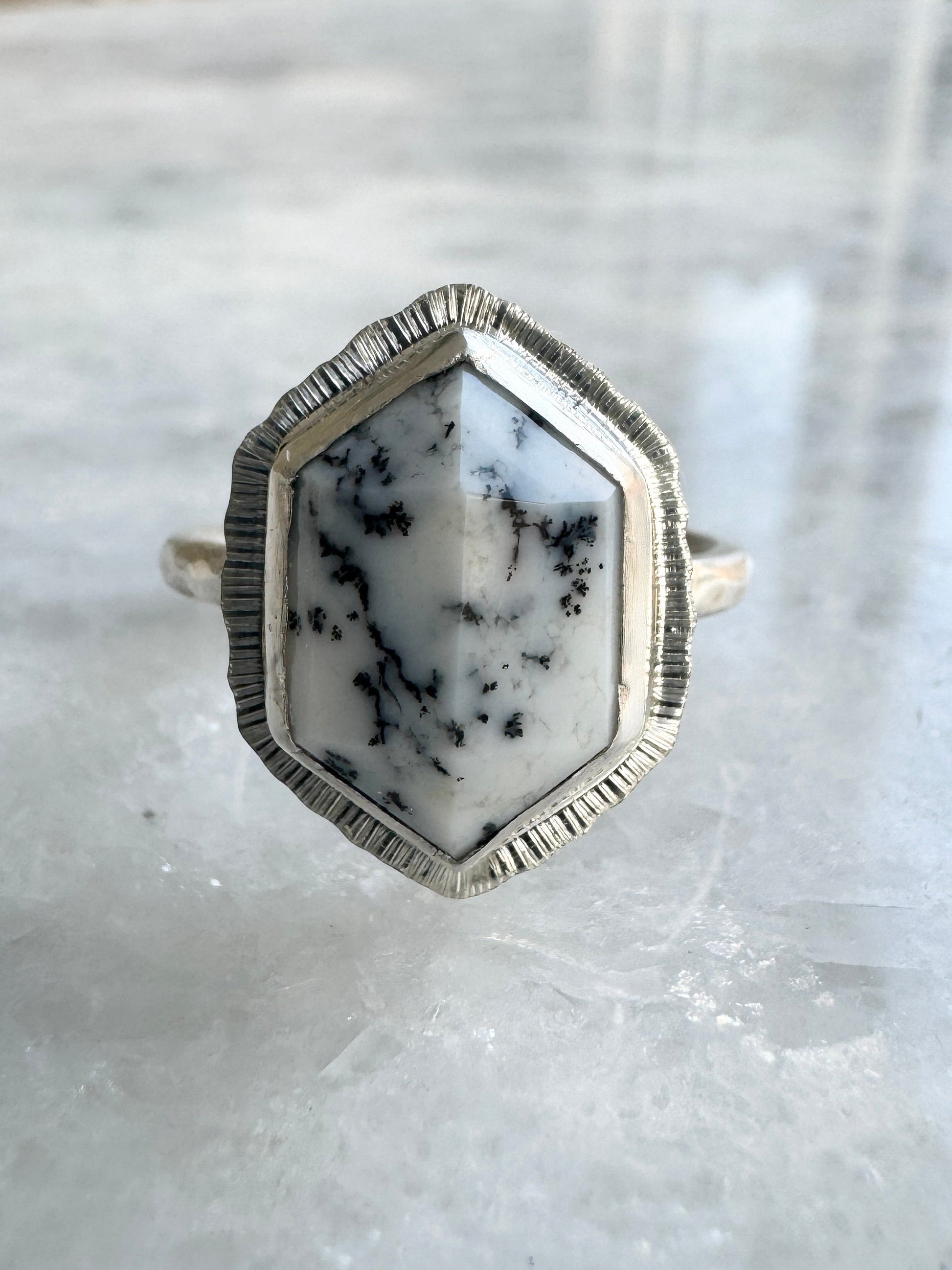 Step cut elongated hexagon Dendritic Opal ring, natural gemstone, bezel set, open back, sterling silver, geometric ring, unusual jewellery