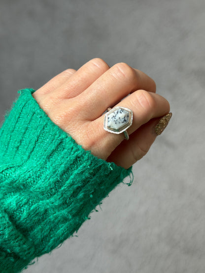 Step cut elongated hexagon Dendritic Opal ring, natural gemstone, bezel set, open back, sterling silver, geometric ring, unusual jewellery