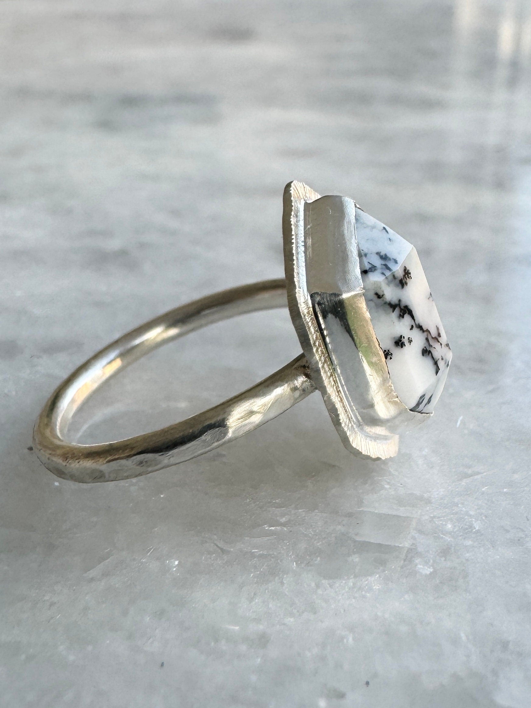 Step cut elongated hexagon Dendritic Opal ring, natural gemstone, bezel set, open back, sterling silver, geometric ring, unusual jewellery