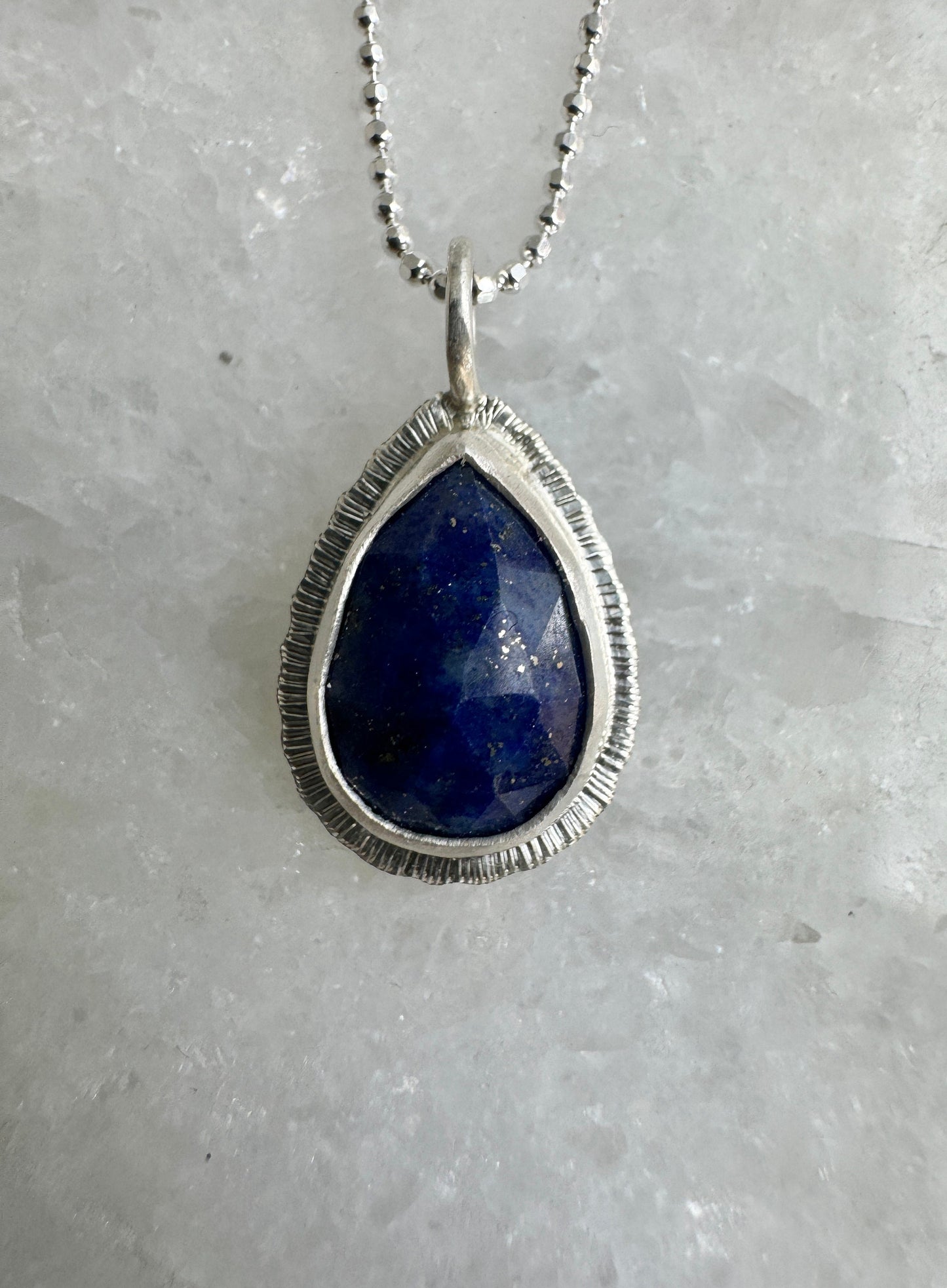 Rose cut Teardrop Lapis Lazuli pendant, bezel set, open back, natural gemstone necklace, sterling silver, 9th wedding anniversary gift