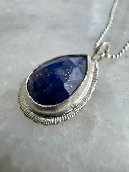 Rose cut Teardrop Lapis Lazuli pendant, bezel set, open back, natural gemstone necklace, sterling silver, 9th wedding anniversary gift