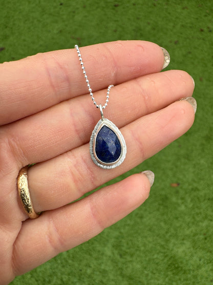 Rose cut Teardrop Lapis Lazuli pendant, bezel set, open back, natural gemstone necklace, sterling silver, 9th wedding anniversary gift