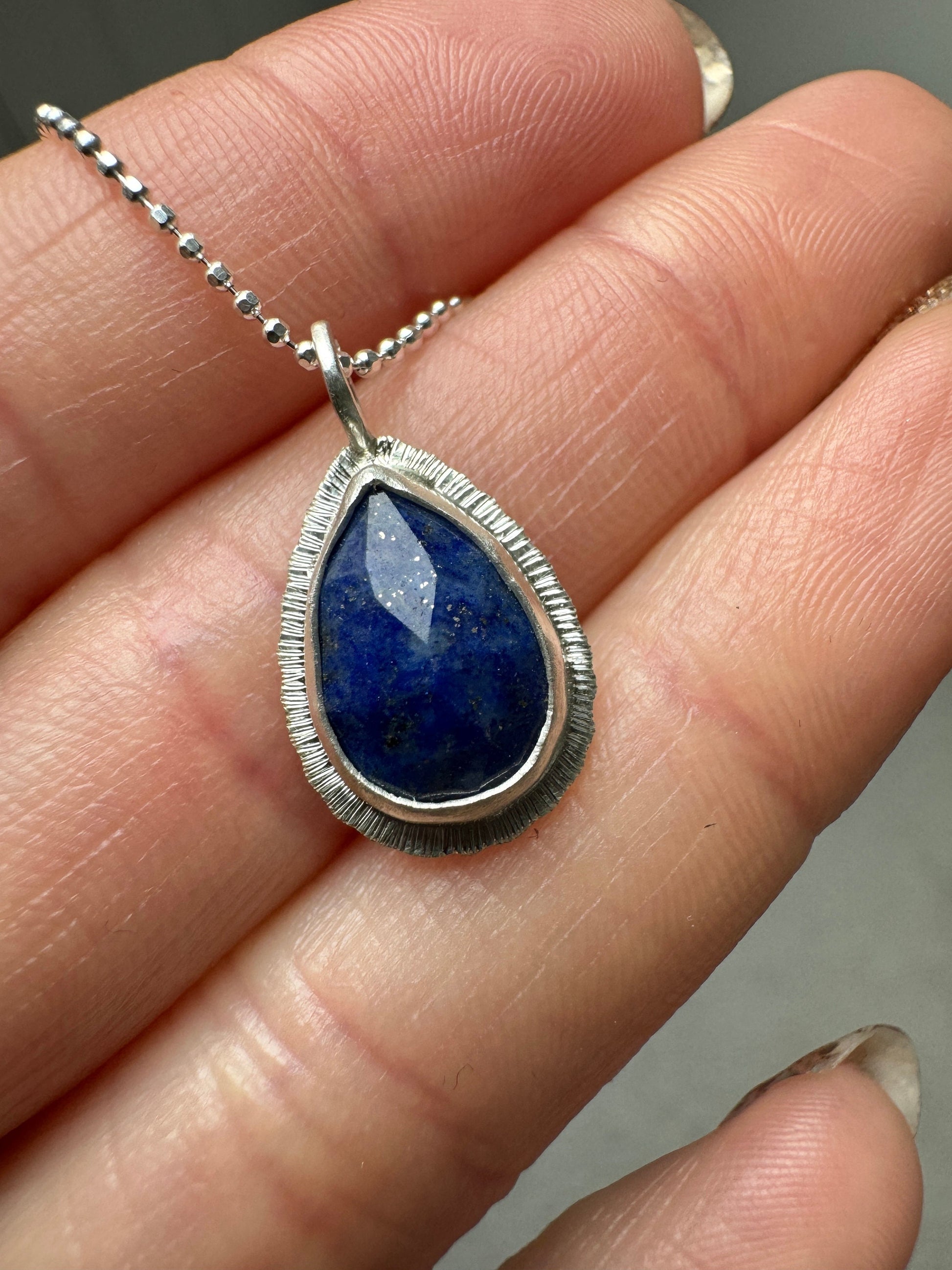 Rose cut Teardrop Lapis Lazuli pendant, bezel set, open back, natural gemstone necklace, sterling silver, 9th wedding anniversary gift