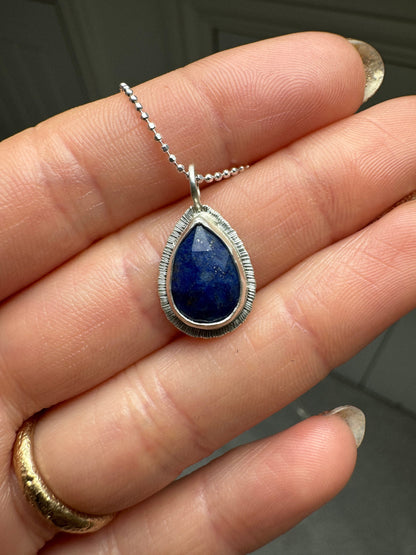 Rose cut Teardrop Lapis Lazuli pendant, bezel set, open back, natural gemstone necklace, sterling silver, 9th wedding anniversary gift