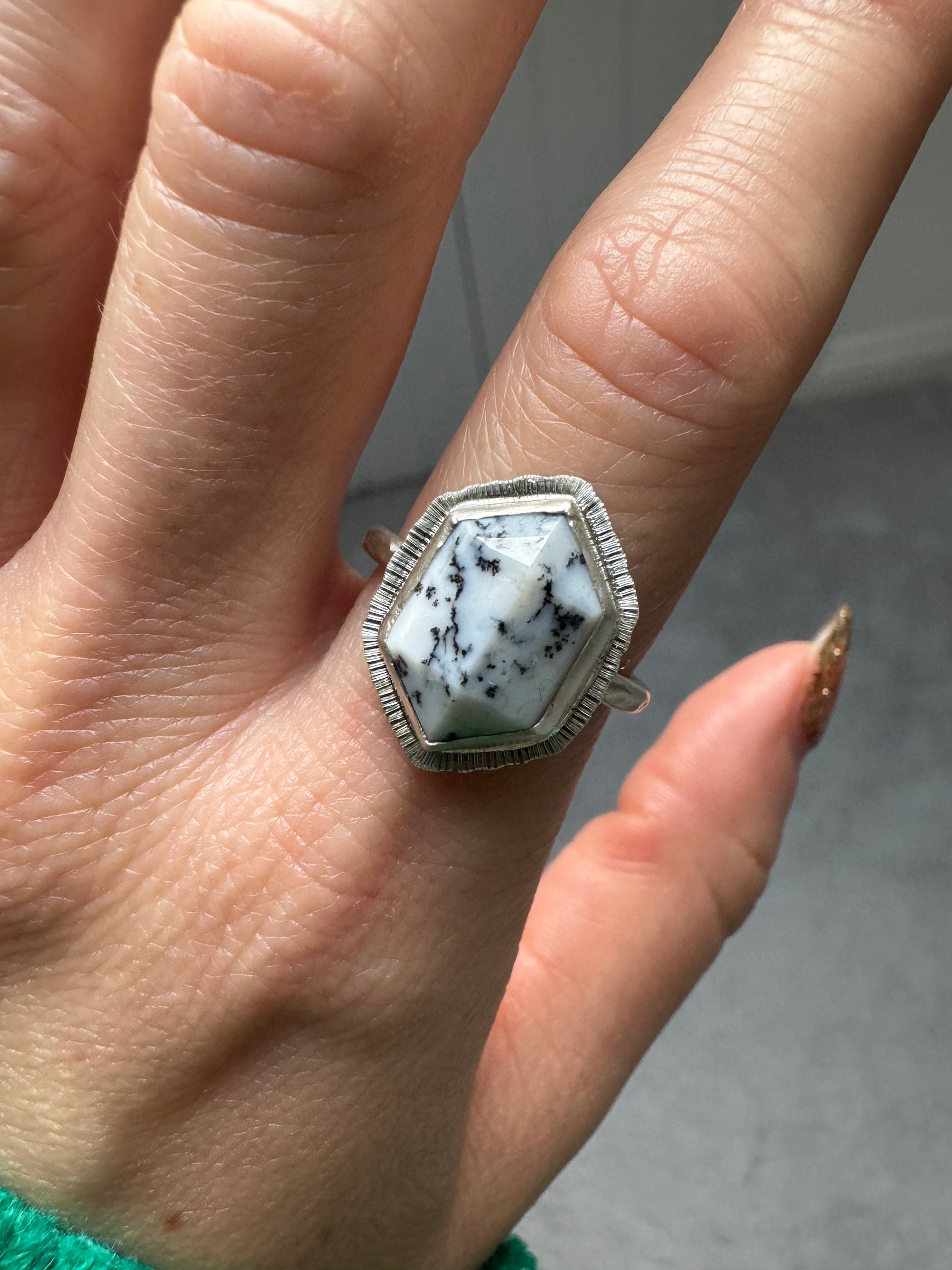 Step cut elongated hexagon Dendritic Opal ring, natural gemstone, bezel set, open back, sterling silver, geometric ring, unusual jewellery