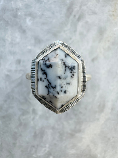 Step cut elongated hexagon Dendritic Opal ring, natural gemstone, bezel set, open back, sterling silver, geometric ring, unusual jewellery