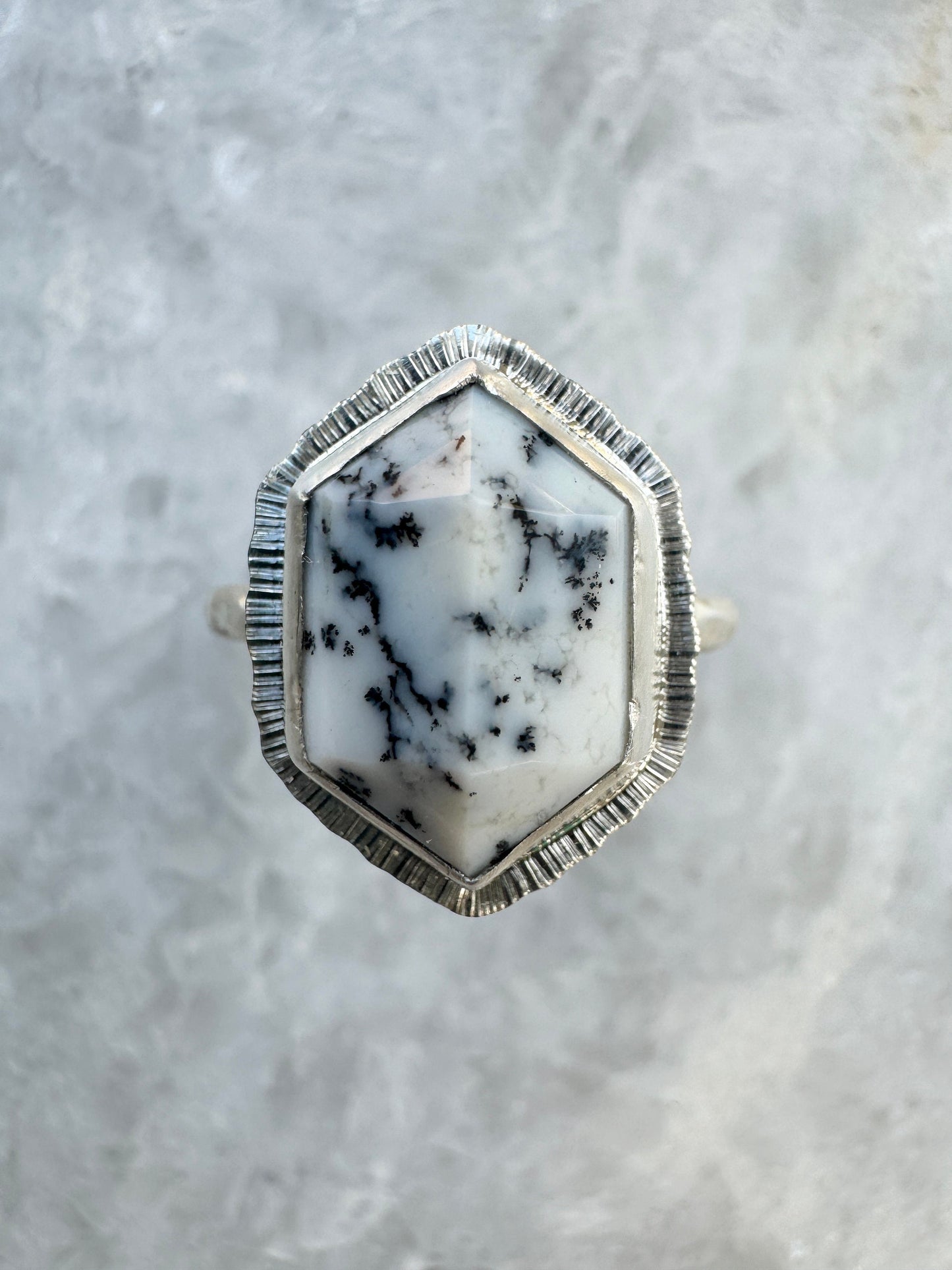 Made to order, Step cut elongated hexagon Dendritic Opal ring, choose your size, natural gemstone, bezel set, open back, sterling silver