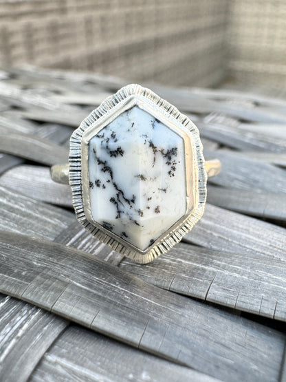 Step cut elongated hexagon Dendritic Opal ring, natural gemstone, bezel set, open back, sterling silver, geometric ring, unusual jewellery